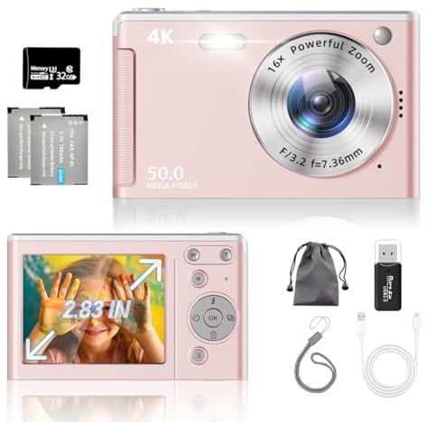 UHD 4K Digital Camera, Upgrade True 50MP Vlogging Camera with 32GB SD Card, 16X Zoom, 2.8'' IPS Screen, Anti-Shake, 2 Large Batteries, Compact Digital Camera for Kids Student Adult Beginner (Pink)