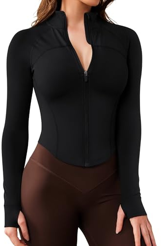 QUEENIEKE Langarm Laufjacke Damen Yoga Shirt Sport Crop Top Fitness Oberteil mit ReißVerschluss Trainingsjacke