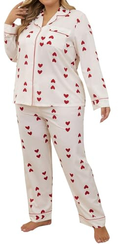 Uwdiohq Women's Heart Shaped Printed Long Sleeved Pants Sleepwear Plus Size Two Piece Set Felpe Pile (Watermelon Red, XXXXL) Vestaglia Donna Caldo Cotone Pigiama Anziana Pijamas Women Cotton con