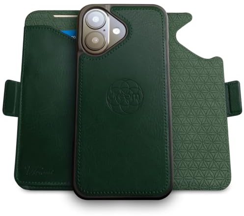 dreem Vegan Leather Magnetic Detachable Wallet Case for iPhone 17 Green | Revolutionary Vert/Hor Phone Stand, RFID Blocking Card Holder Flip Cover, MagSafe-Fit, Gift Box [Fibonacci: Dark Green]