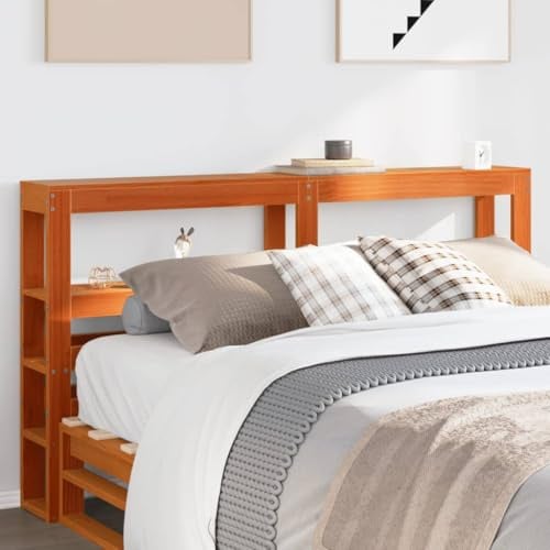 Qnhdfrt Kopfteil 160 cm Wachsbraun aus massiver Kiefer mit Regalböden platzsparendes Bett Kopfteil für Schlafzimmer Dachschrägen und kleine Räume