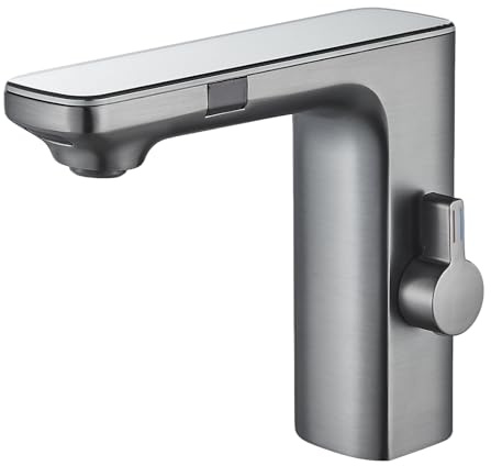 Hevenaov Infrarot Sensor Wasserhahn Bad Grau, Automatisch Sensor Mischbatterie Bad Digitalanzeige Bildschirm Warmes Kaltwasser Mischbatterie Armatur Waschbecken