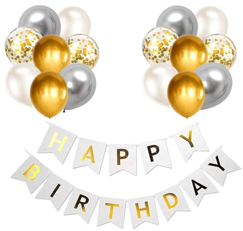 Luftballons Geburtstag Dekoration Set, weiß Gold Silber Geburtstagsdeko Happy Birthday deko Banner Set mit Luftballons Konfetti Luftballons(WH+GD+SR)