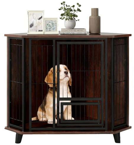 GYMAX Cage pour Chien d'angle en Bois avec Porte Verrouillable | Niche pour Petits et Moyens Chiens avec Trappe à Nourriture, Caisse Intérieure pour Animaux, Style Industriel