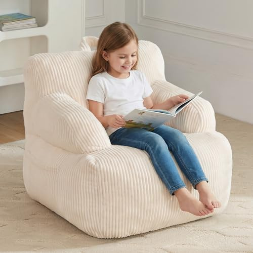 Bean Bag Chairs for Kids with Armrests, Comfy Kids Bean Bag Chair, Stuffed Toddler Bean Bag Sofa for Boys and Girls, Small Bean Bags for with Pocket, Floor Chair for Gaming, Reading & Relaxing, Beige