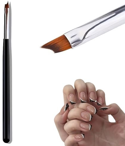 Oblique Head French Tip Nail Brush, 16cm Black Handle Angled Nylon Bristle Nail Art Brush, Professional UV Gel Acrylic Painting Brush for Home Salon Manicure Beginner