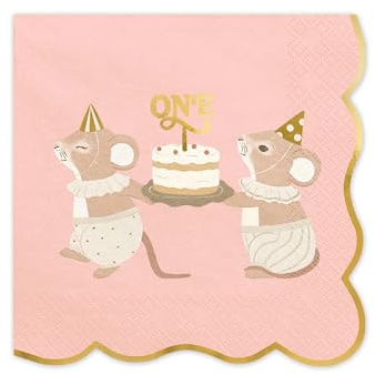 PartyDeco Servietten Papier 33x33cm 2-lagig 12 Stück - hochwertig & nachhaltig - Einweg Tischservietten als Geburtstagsservietten - Papierservietten für 1 Geburtstag - ONE mit Mäusen Rosa Gold