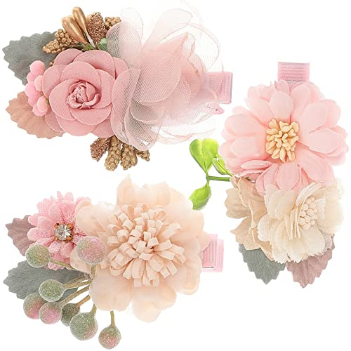 Haarspangen für Blumen Mädchen 3 Stück mit Kunstperlen | Kleinkind Clips aus Stoff, Band und Metall, Süßes Design, für Mädchen