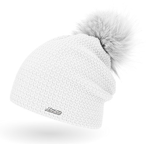 Neverless Damen Strickmütze mit Fell-Bommel, Kunstfell Winter-Mütze, Bommelmütze, weiß Unisize