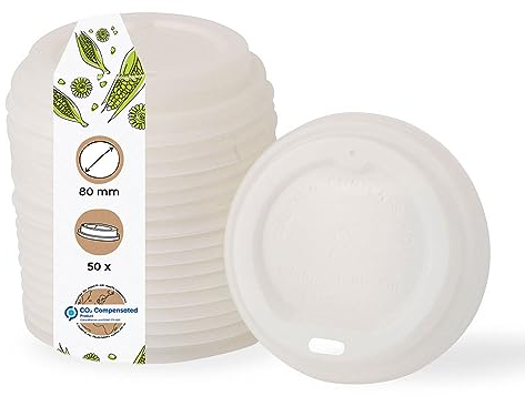 BIOZOYG couvercles gobelet café à emporter Ø 80mm I 50 couvercles pour gobelet en papier en CPLA bioplastique 100% biodégradables, compostables I Trou paille couvercle gobelet plat blanc