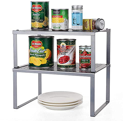 HAITRAL 2-Pack Stackable Spice Rack Organizer - Adjustable Kitchen Cabinet Shelves, Cupboard Organisers - Rustproof Metal Storage Organizer for Spices, Cans, Jars - Fits Countertop, Pantry (Silver)