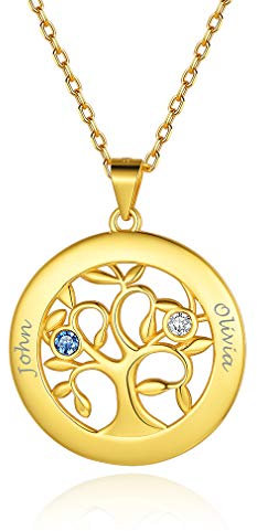 Custom4U Collier Personnalisé 2 Prénoms avec Pierre de Naissance Arbre de Vie Gravé Argent 925