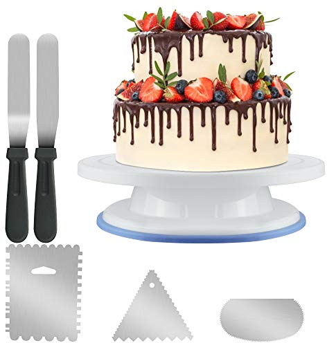 KBNIAN Set di piatti per torte girevoli, giradischi per cake, 3 raschietti in acciaio inox, 1 frullatore e 2 raschietti per la glassa, per decorare e decorare torte