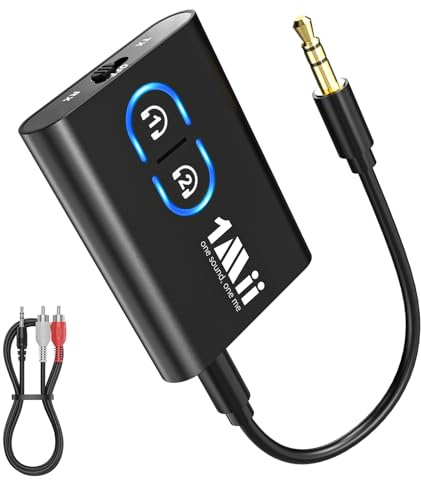 1Mii ML300 Trasmettitore Ricevitore Bluetooth 5.3 per TV | Adattatore con Jack Aux 3.5mm, aptX Bassa Latenza/AD/HD Audio con Batteria da 12 Ore per Impianto Stereo, 2 Cuffie, Auto