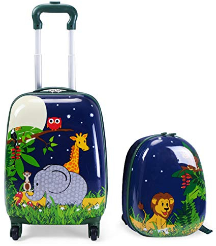 GOPLUS Kinderkoffer mit Rucksack, Kids Trolley, Kindergepäck mit Rollen, Reisekoffer mit Teleskopgriff, Hartschalenkoffer für Kinder, Kindertrolley Farbwahl (Elefant, 12+16)