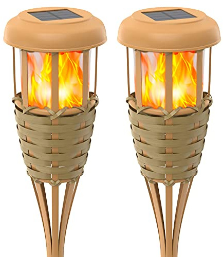 Evelynsun Lot de 2 lampes solaires à flammes vacillantes – Lampes solaires étanches pour extérieur – Marche/arrêt automatique – Finition bambou faite à la main
