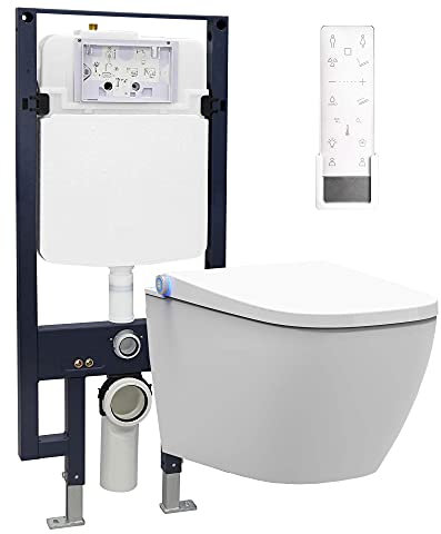BERNSTEIN Pack WC japonais + Bâti-support plaque Noir mat, Toilettes suspendu lavant + télécommande, jet douche, séchoir air chaud, filtre & ventilateur à odeurs, Chasse 180°, 59x38x38cm, Pro+1104