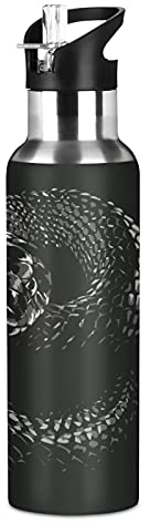 Vnurnrn Mignon Serpent Noir Animal Bouteille d'eau Isotherme avec Paille en Acier Inoxydable Gourde 600ML, Sans Bpa Gourdes Eau pour Enfant Sport Randonnée École Bureau
