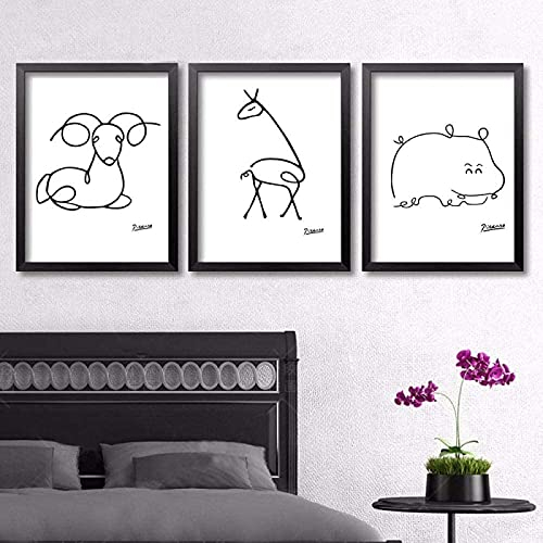 WTCYZYQ Abstrakte Tier Strichzeichnungen Und Pablo Picasso Leinwand Schwarz-Weiß-Malerei Poster Wand Bilder Home Wall Decor Rahmenlos 30×40cm×3 StüCk