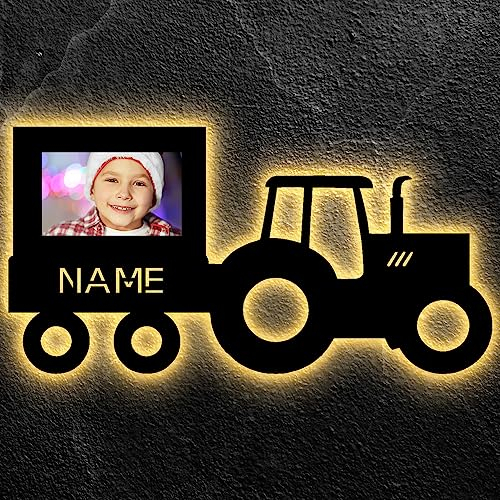 LEON - FOLIEN Traktor mit Bilderrahmen Led deko Schlummerlicht für dein Foto Traki Nachtlicht personalisiert mit Wunschnamen - Papa - Opa - Mann Geschenke - Geburtstag - Kinder - Mann - Frau