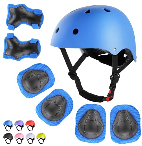 WayEee Kids Bike Helmet Set Skateboard Knee Pads, 7PCS Protective Gear Adjustable for Girls Boys 3-10 Age Elbow Pads Wrist Guards for Outdoor Sports Cycling Bike Roller Skating Scooter, Youth, Blue