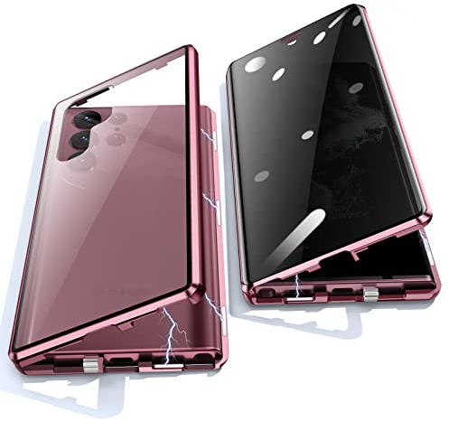 Jonwelsy Anti Peeping Hülle für Samsung Galaxy S22 Ultra, 360 Grad Schutz Case, Privatsphäre Gehärtetes Glas Anti-Spähen Cover, Stark Magnetische Adsorption Metallrahmen Handyhülle (Burgundy)