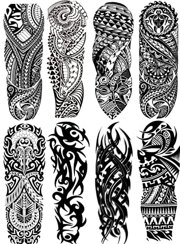 PADOUN Tribal Tattoo Sleeves for Men, 8-Sheet Large Temporary Tattoos Women Black Totem Sleeve Tattoos, Waterproof Realistic Full Sleeve Temporary Tattoos Fake Tattoo