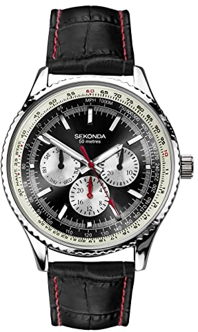 Sekonda Maverick Herren-Quarzuhr mit Analoganzeige, 43 mm, Schwarz, schwarzes Leder, rote Nähte, Armband