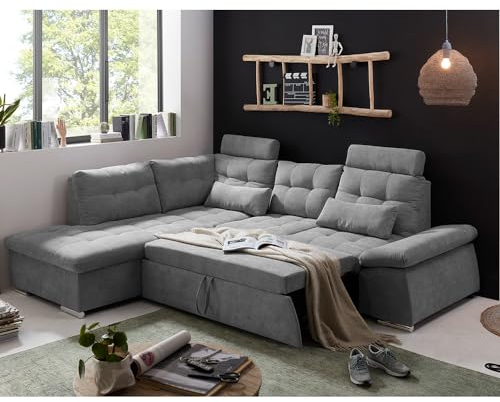 Lomadox Ecksofa mit Schlaffunktion und Kopfstützen in dunkelgrau modern | L-Form mit Recamiere Links