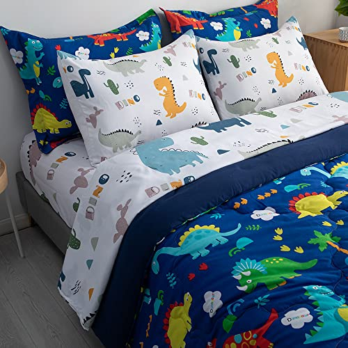 Wajade 7-teiliges Kinder-Bettwäsche-Set mit Dinosaurier-Motiv, Queen-Size-Größe, 3D, blauer Dinosaurier, Wildpark-Dschungel-Druck, mit Bettdecke, Bettlaken-Set, Kissenbezug und Kissenbezug