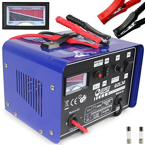 Caricabatteria per Auto Moto | con Funzione di Carica Rapida | per Batterie al Piombo 12-24V | 30-180 Ah | Portatile | Blu