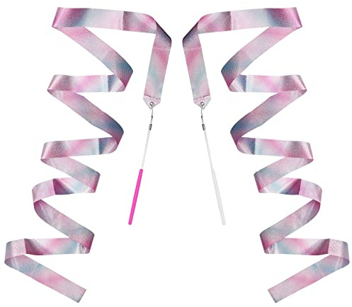 BLMHTWO 2 Stück Tanzband，TanzbäNder Kinder Gymnastikband mit Stab Tanzen Streamer mit Rutschfestem Griff für Kunst Tanz Training Performance（4.5cm*2m）