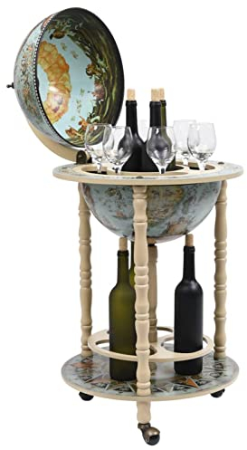 Tidyard Globusbar mit Flaschenregal, Getränkebar Bartisch Weltkugel Barwagen Globus Bar Hausbar Servierwagen Weinregal mit Rollen, Eukalyptusholz Blau
