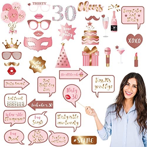 POPOYU 38Pcs Rose Gold 30th Birthday Photo Booth Party Props, Decorations, Personalised Funny DIY Kit Selfie, Gift Favors, Two Seats, MD-PhotoProps-RG-30th