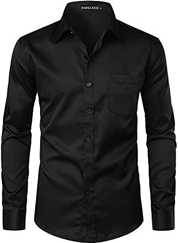 PARKLEES Men's Urban Stylish Casual Business Slim Fit Long Sleeve Button Up Dress Shirt with Pocket EU-PZLCL29 Black XXX-Large