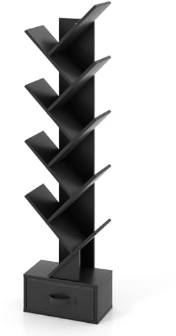 CASART 10-Tier Tree Bookshelf, Slim Tall Floor Standing Bookcase with Drawer & Wall Anchor, Wooden Display Shelving Storage Rack for Living Room Bedroom Office (Black)