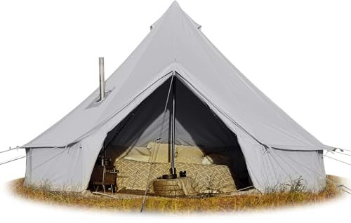 Cotton Canvas Bell Tent - Glamping Yurt with Stove Jack, Waterproof and Breathable Cotton, 4 Season Tent with Zipped Removable Floor (Grey, Diameter 4M)