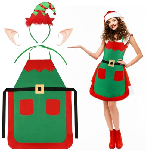 MONCAP 3 Sets Weihnachten Elfen Schürze Weihnachten Schürze Elf Kostüm Weihnachtselfen Kostüm Elfenschürzen Elfenhüte mit Elf Enohren für Erwachsene Weihnachtsfeiern Neujahr Weihnachten Party Kostüm
