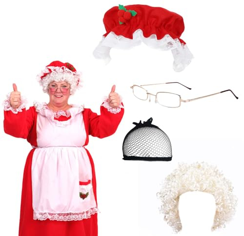 XehCaol 4 Teiliges Weihnachts Mrs Claus Kostüm für Damen Mrs Claus Hut, alte Dame, Perücke, Oma, Brille und Haarnetz für Cosplay Party