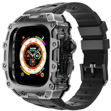 DGYSG Coque en métal de luxe avec bracelet FKM pour Apple Watch Ultra 3/2/1 49 mm en titane, coque de protection militaire robuste, protection tactique robuste pour iWatch pour homme, noir