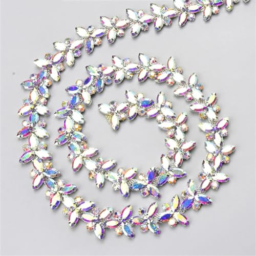 2 cm breite Blumenkette, Glaskristall, Strass, Blatt, Diamant-Band, zum Aufnähen, Silber, 45 cm lang