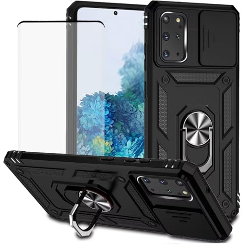 Jhxtech Schutzhülle für Galaxy S20 Plus Hülle, Samsung S20+ SM-G985 Hülle mit gehärtetem Glas Displayschutzfolie und Schieber für die Kamera, Magnetischer Handyhülle für Samsung Galaxy S20+ 5G Schwarz