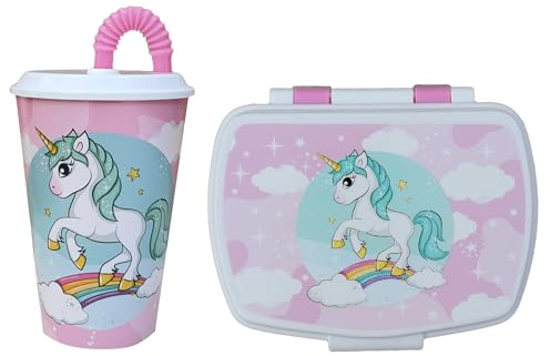 CARTOON Set pranzo per bambini 2 pezzi, bicchiere e portamerenda in plastica riutilizzabile senza BPA, bicchiere con cannuccia 430 ml e contenitore portapranzo (Unicorno)
