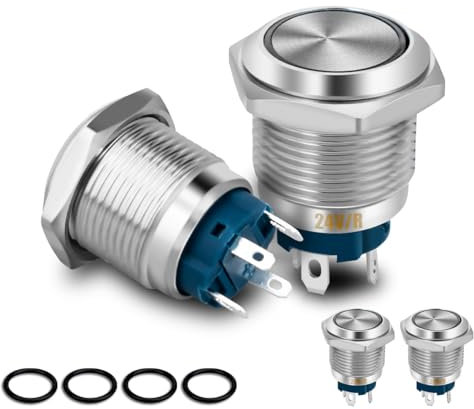 Innfeeltech 4 pezzi interruttore a pulsante impermeabile 24V SPST ON/OFF per foro di montaggio da 16 mm 4 pin interruttore a scatto in metallo con luce anulare rossa LED