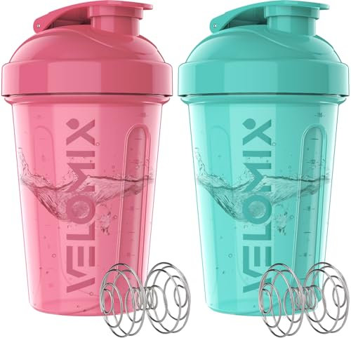 VELOMIX -2 Pack- 20 oz Protein Shaker Bottles for Protein Mixes - 2x Wire Whisk | Leak Proof Shaker Cups for Protein Shakes and Pre Workout | Protein Shaker Bottle Pack