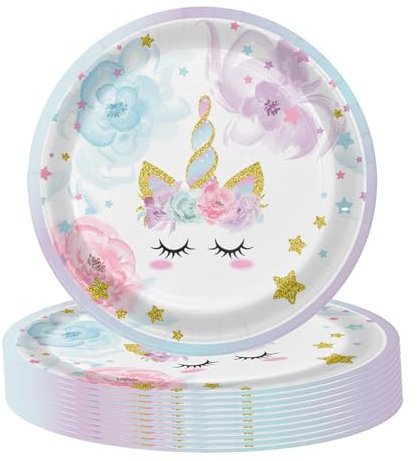 POPOYU 16Pcs Vaisselle Assiette Papier 23cm, Licorne Party Violette Kit Vaisselles Anniversaire Assiette, CouViolettes de Fête, Enfants Party, Mariages, Baby Shower Decorations pour 16 Invités