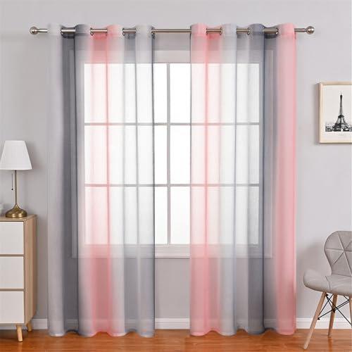 Odot Halbtransparente Vorhänge, Farbverlauf Bunt Streifen Voile Vorhang mit Ösen 2er Set Gardinen Vorhang Ösenvorhang Fensterschal Moderne Vorhänge Fenster für Wohnzimmer (Grau + Rosa,100x200cm)