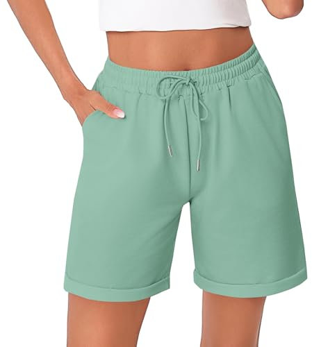 Litherday Shorts Damen Kurze Hose Damen Sporthose Kurz Baumwolle Sport Shorts Sommer Jogginghose Traininghose mit Taschen für Fitness, Running, Gym Grün XXL