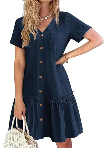 HOTOUCH Ladies Linen Dresses Women Loose Summer Cotton Dress Short Sleeve Button Down Dress V-Neck Knee Length T Shirt Dress Navy Blue XL