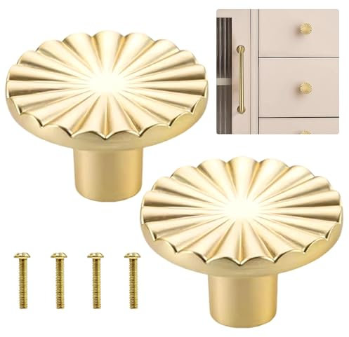 QTMMC 2 Pack Gold Cabinet Knobs Brushed Gold Knobs Doors Handles for Drawers Dresser Wardrobe Hardware Cupboards Kitchen Brass Solid Round Knob Simple Style Aluminum Alloy with Screws Set